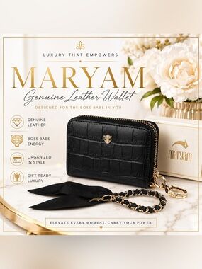 Maryam Black Genuine Leather Croc Embossed Double Zip Wallet Wristlet